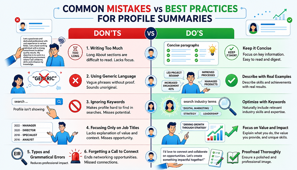 Common LinkedIn About section mistakes with best practices, including concise writing, relevant keywords, real examples, and a clear call to connect.