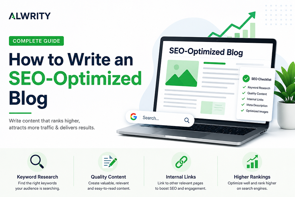 Learn how to write an SEO-optimized blog with keyword research, search intent, on-page SEO, and content optimization to rank higher on Google and increase organic traffic.