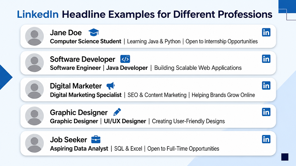Infographic showcasing LinkedIn headline examples for different professions, including students, software developers, digital marketers, graphic designers, and job seekers.