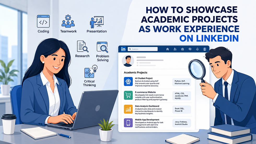 LinkedIn profile showcasing academic projects, highlighting coding, teamwork, research, presentation, and problem-solving skills to demonstrate work experience for students and graduates.