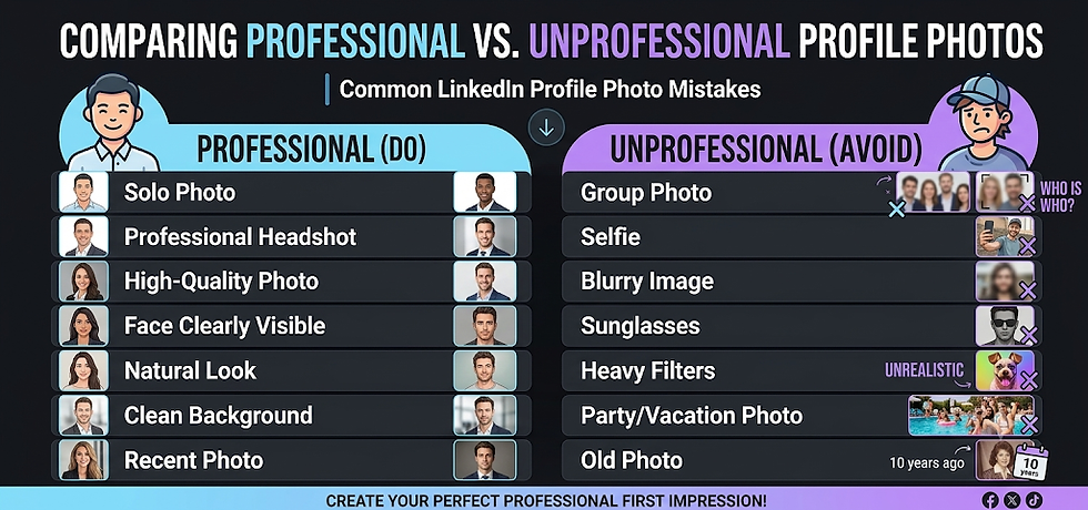 Professional vs. unprofessional LinkedIn profile photos showing common mistakes