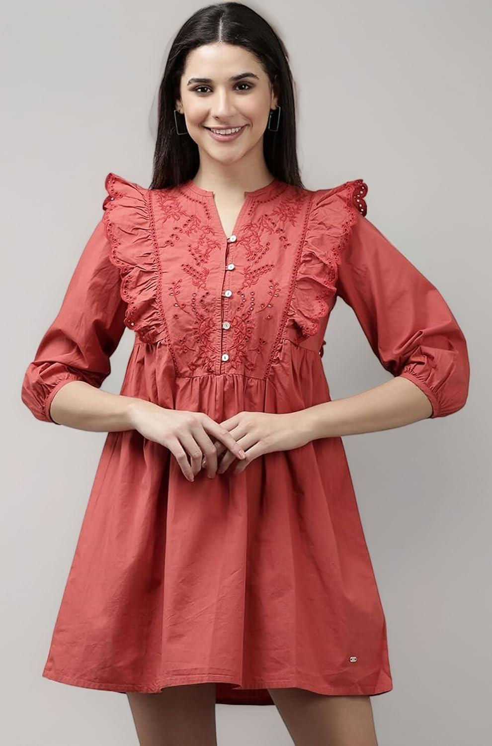 Pink Flared Long Sleeve Dress for Women Front View