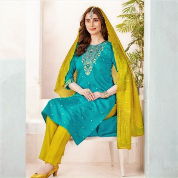 Thumbnail: Green Salwar Kameez with Yellow Shawl for Women Front View