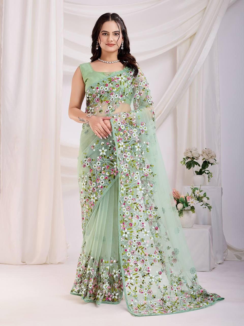 Thumbnail: Soft Net Saree (Sari) in Green with Floral Design For Women Front View