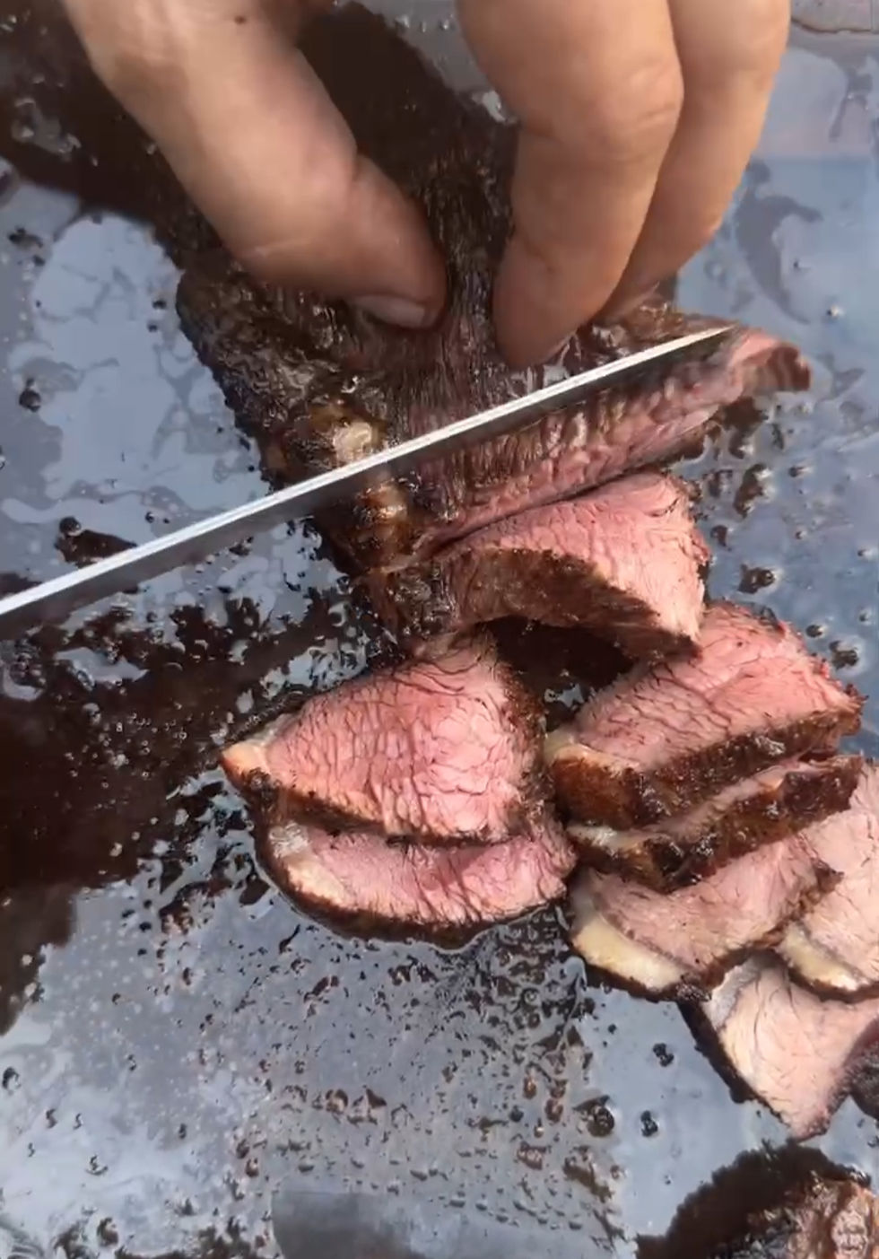 thinly slicing the steak
