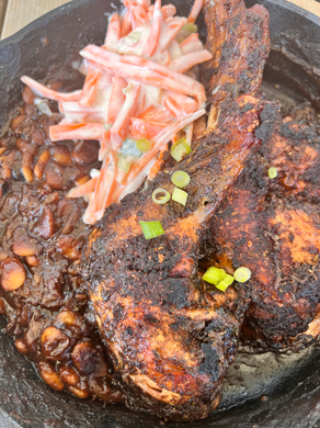 Smoked Jerk Chicken Legs with Maple Pit Beans and Creamy Slaw
