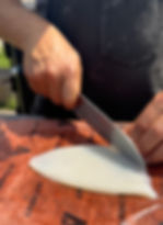 scoring the calamari with a diamond pattern