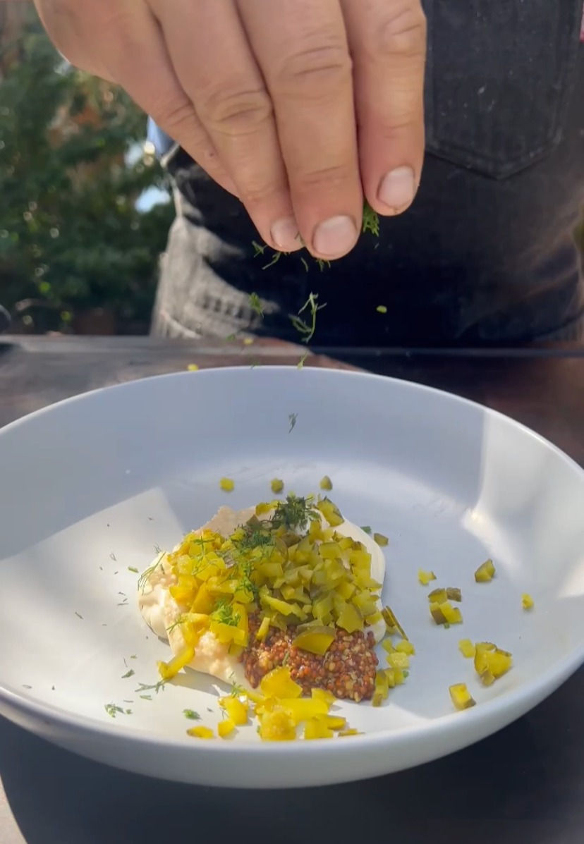 mayo, grainy Dijon mustard, chopped cornichons and fresh dill in a bowl to make tartar sauce
