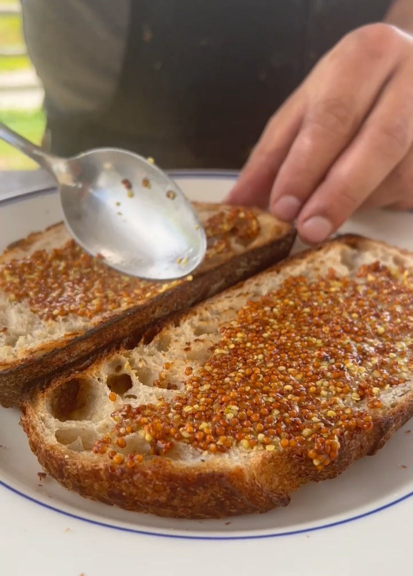 grainy dijon mustard being spread on toasted sourdough bread