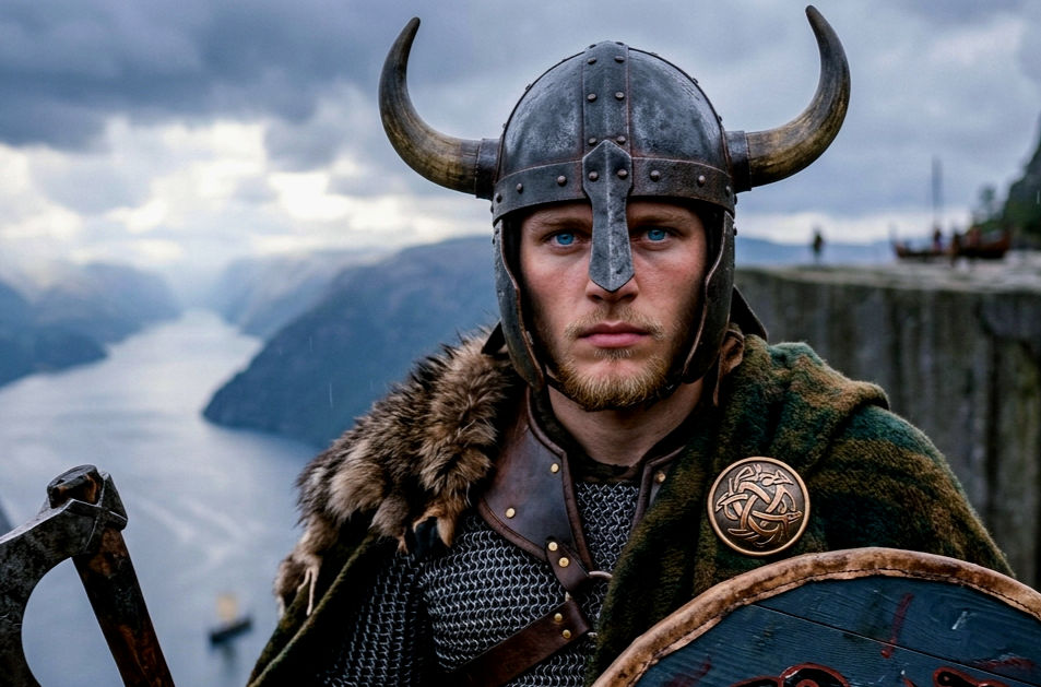 Viking warrior wearing a horned helmet