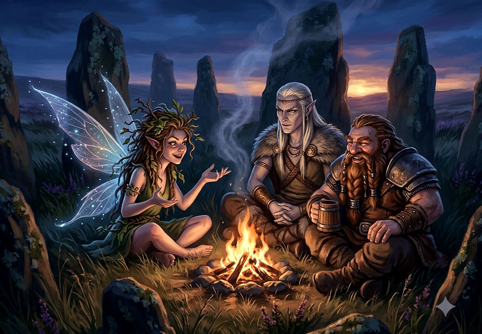 A fairy girl telling an elf and a dwarf a story before a crackling fire
