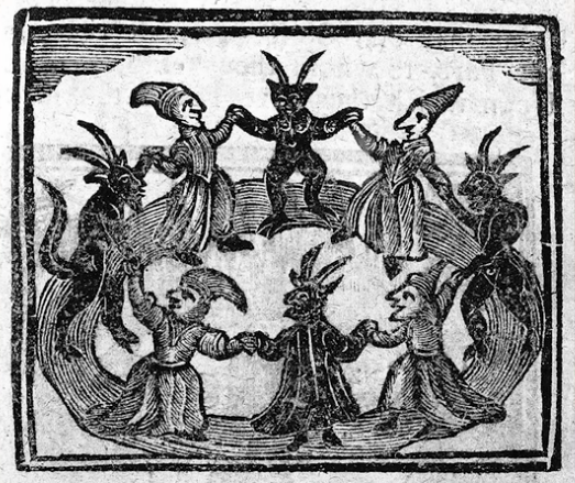 Witches Dancing with Devils, a woodcut illustration (1720) from The History of Witches and Wizards