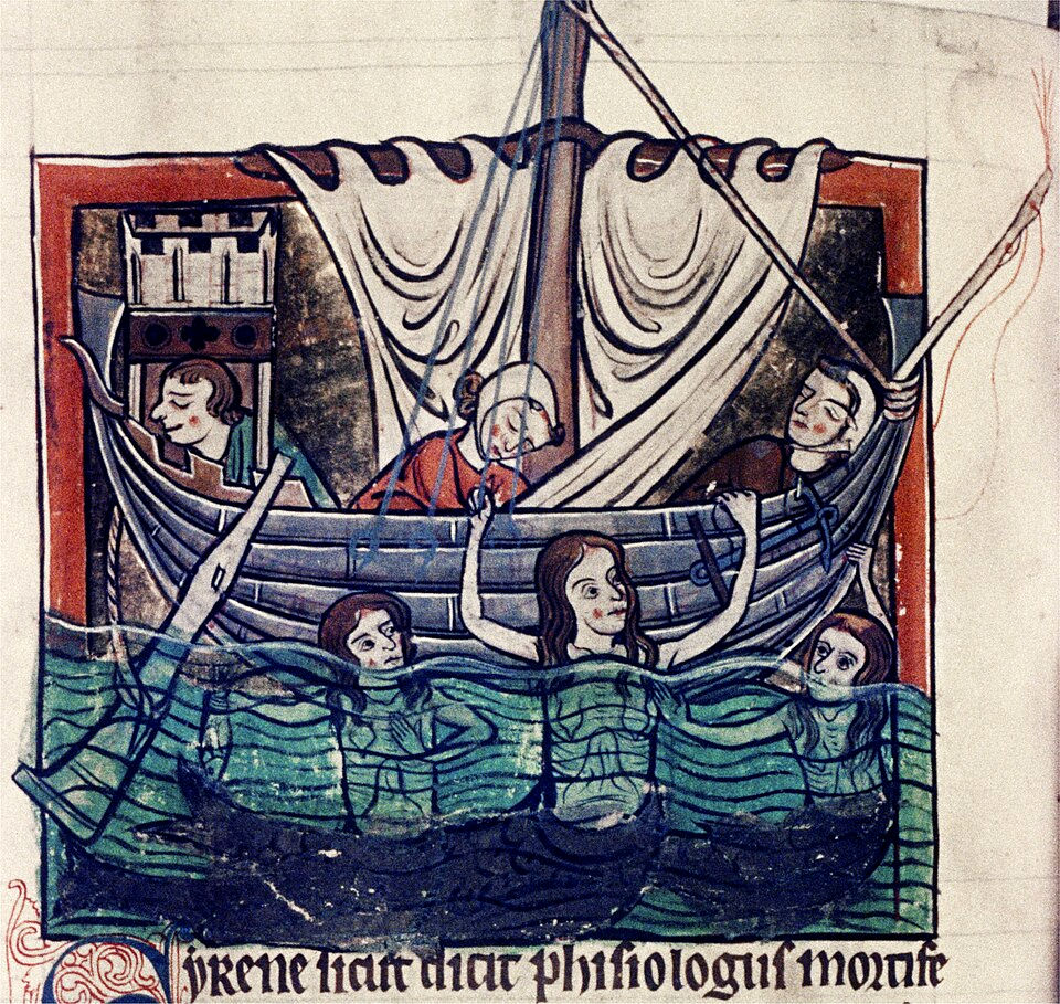 Bestiary of sirens swimming in the sea and people on a ship lulled to sleep by the sirens' song