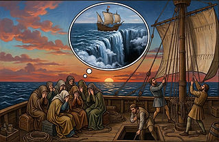 Ship passengers in medieval age fearful their ship would fall off the edge of the world as they sail towards horizon