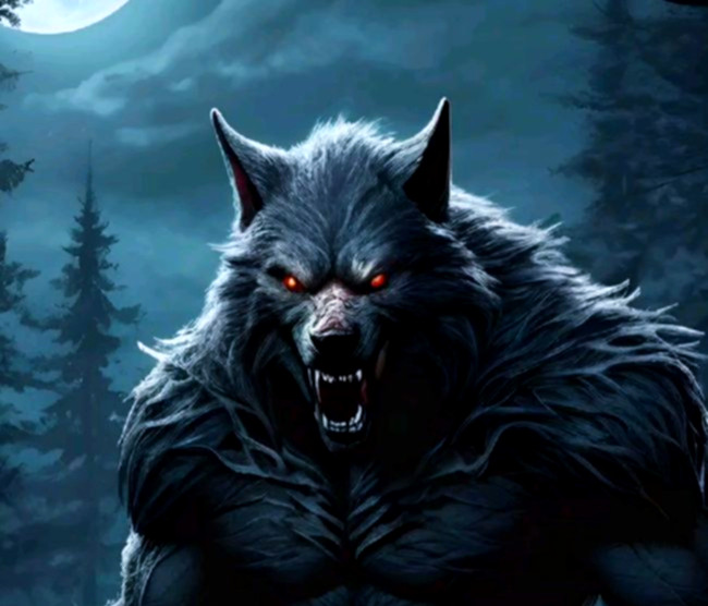 Werewolf at night in the forest during a full moon