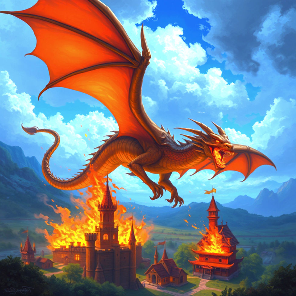 Fire dragon flying over a village