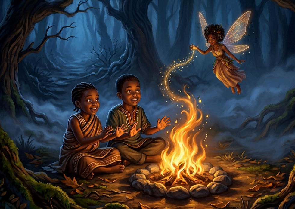 Aziza fairy making a fire with children in a forest at night