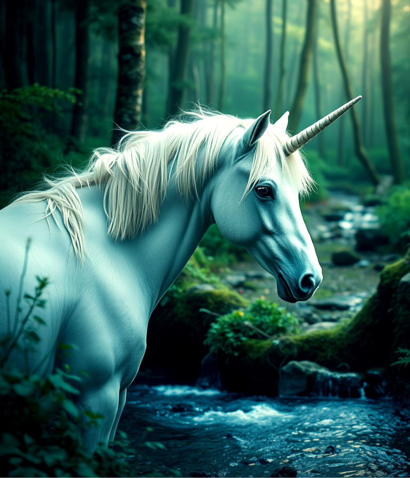 White unicorn in a forest stream (AI-Generated)