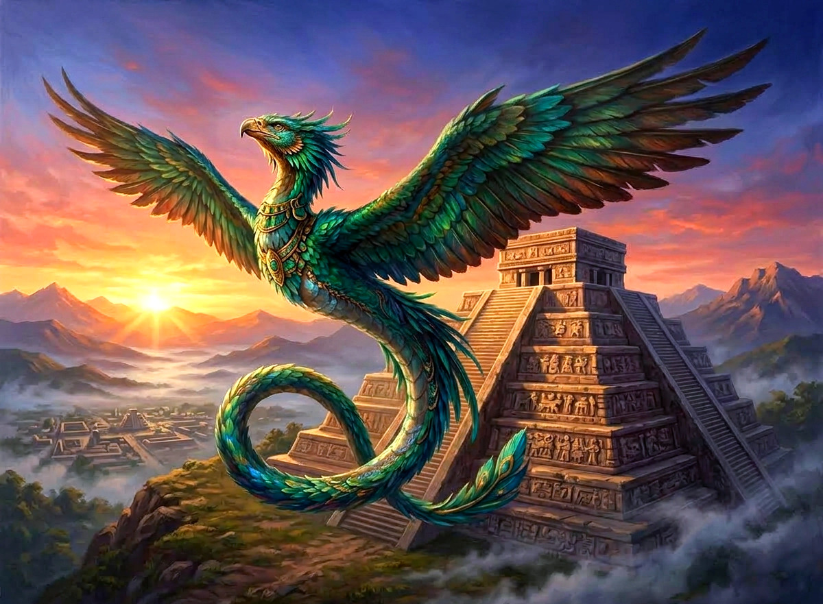 Amphiptere dragon flying before an Aztec temple