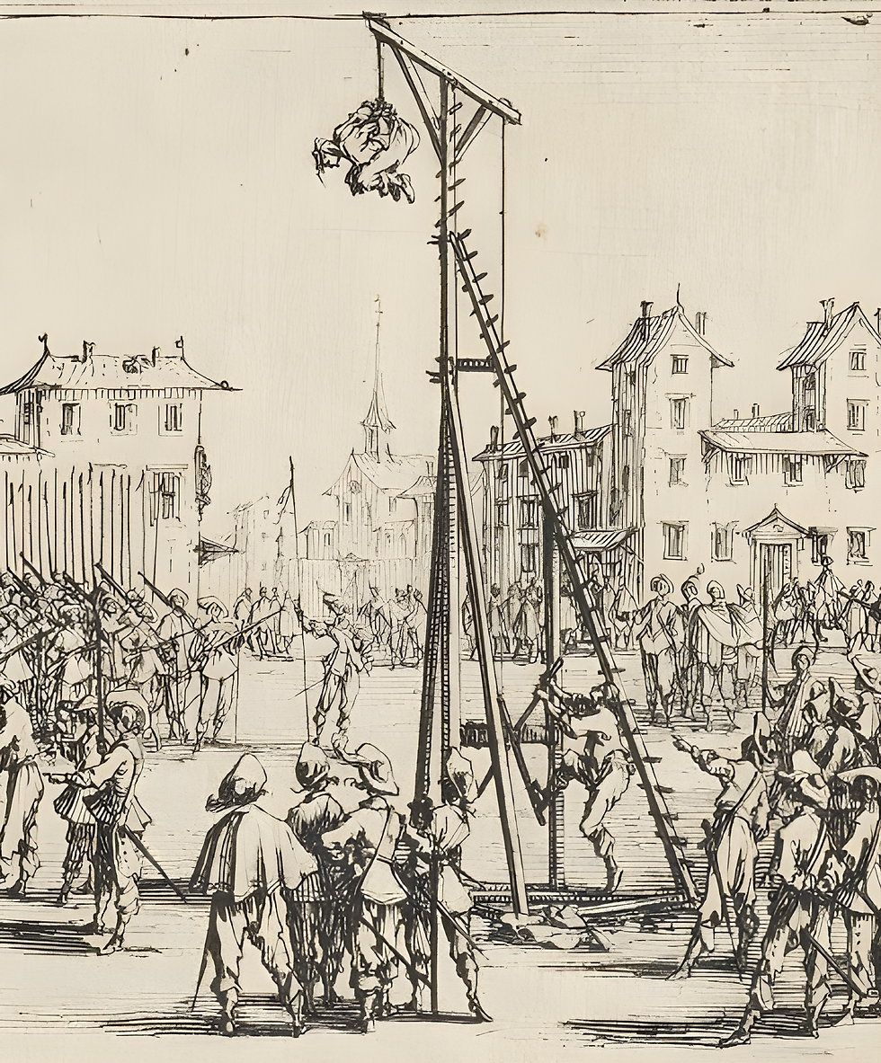 The strappado, used for extracting confession during witch trials by Jacques Callot (1633)