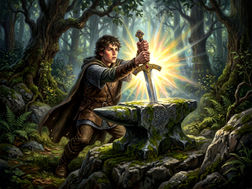 Arthur pulling out the Sword Excalibur from a stone