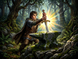Arthur pulling out the Sword Excalibur from a stone