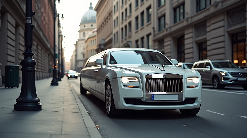 High angle view of a white stretch limousine parked on a city street