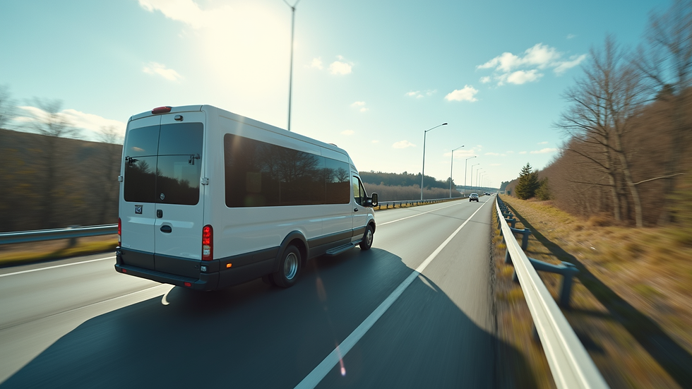Wide angle view of a private shuttle vehicle driving on a highway