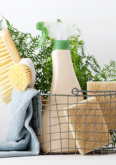 Eco brushes, sponges and rag in cleaning basket. Cleaner concept on white background.jpg
