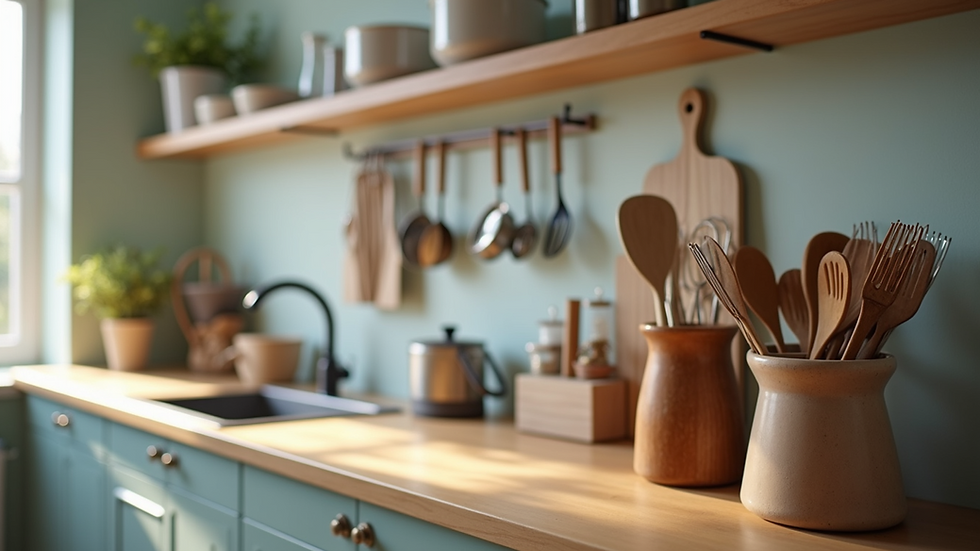 Eye-level view of a well-organized kitchen with neatly arranged utensils