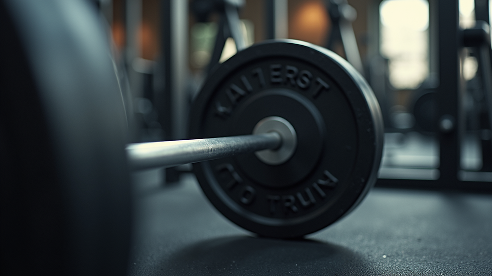 Eye-level view of a gym setup with barbells and weight plates