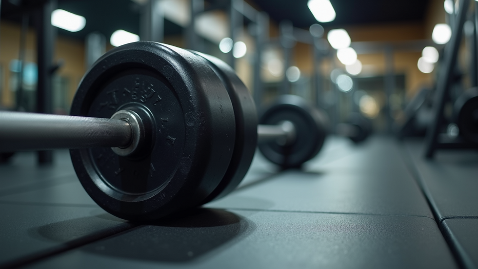 Close-up view of a barbell loaded with weights on a gym floor