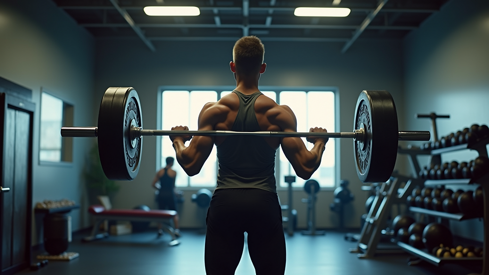 Eye-level view of a gym with a person lifting weights using proper form