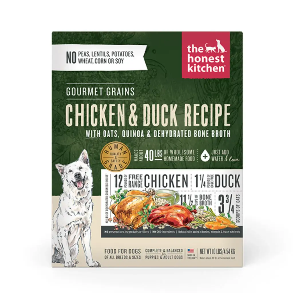 A bowl filled with Honest Kitchen's Chicken and Duck recipe, highlighting tender chicken and flavorful duck, symbolizing prem