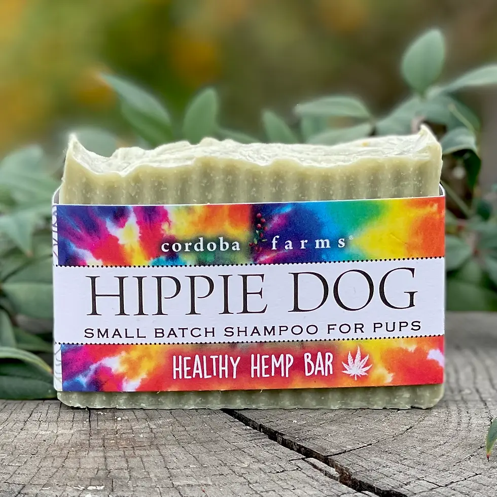 Cordoba Farms Hippie Dog Hemp Shampoo Bar, featuring hemp oil for a gentle and effective clean, promoting a healthy coat