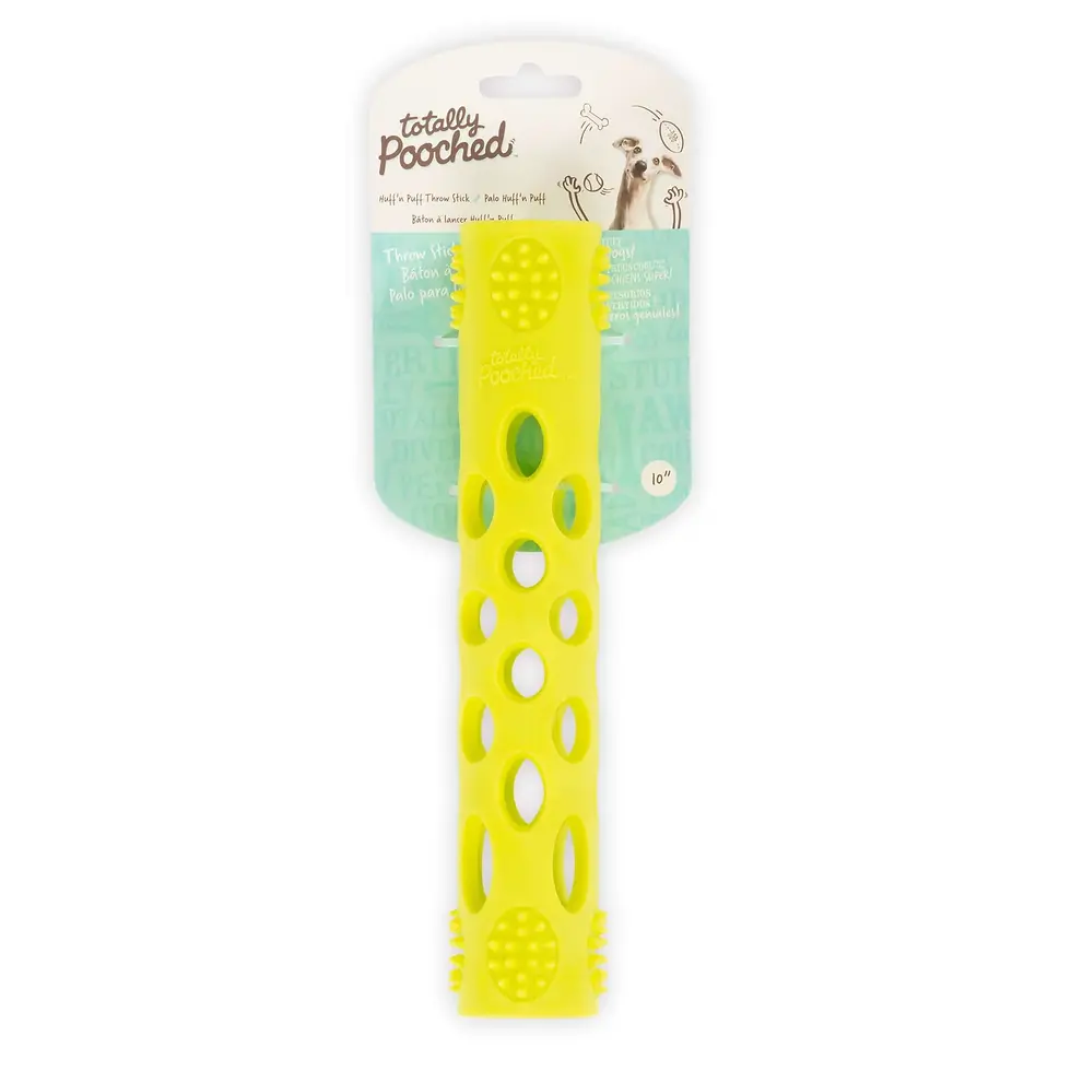 Thumbnail: Totally Pooched Huff n' Puff Stick, durable squeaky stick-shaped dog toy for fetch and interactive play.