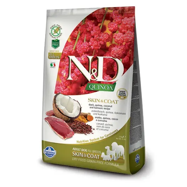 Farmina N&D Quinoa Functional Canine Dog Food - Skin & Coat Duck, containing high-quality duck, quinoa, and turmeric