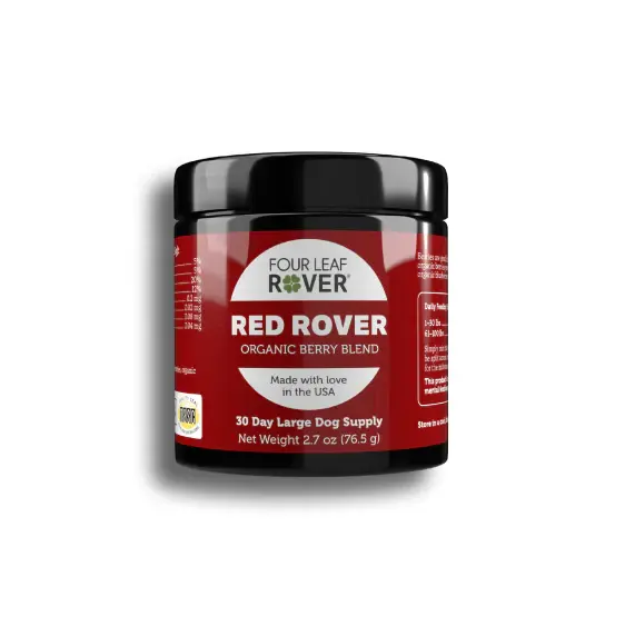 Red Rover dog superfood blend with organic apples, berries, and astaxanthin for vibrant health and aging support.