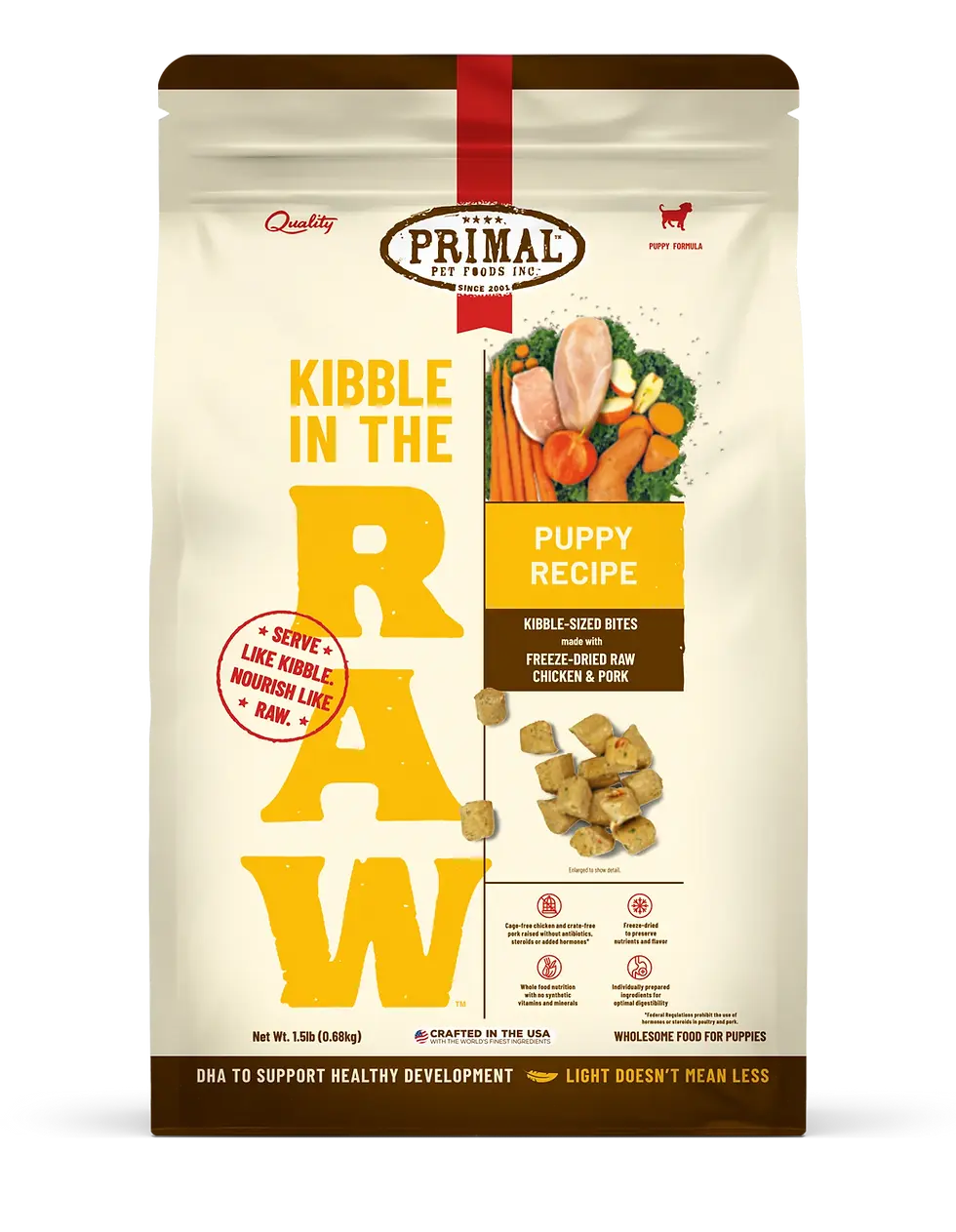 Primal Puppy Recipe, raw-inspired kibble with high-quality ingredients for healthy puppy growth, available at Chow Bella.
