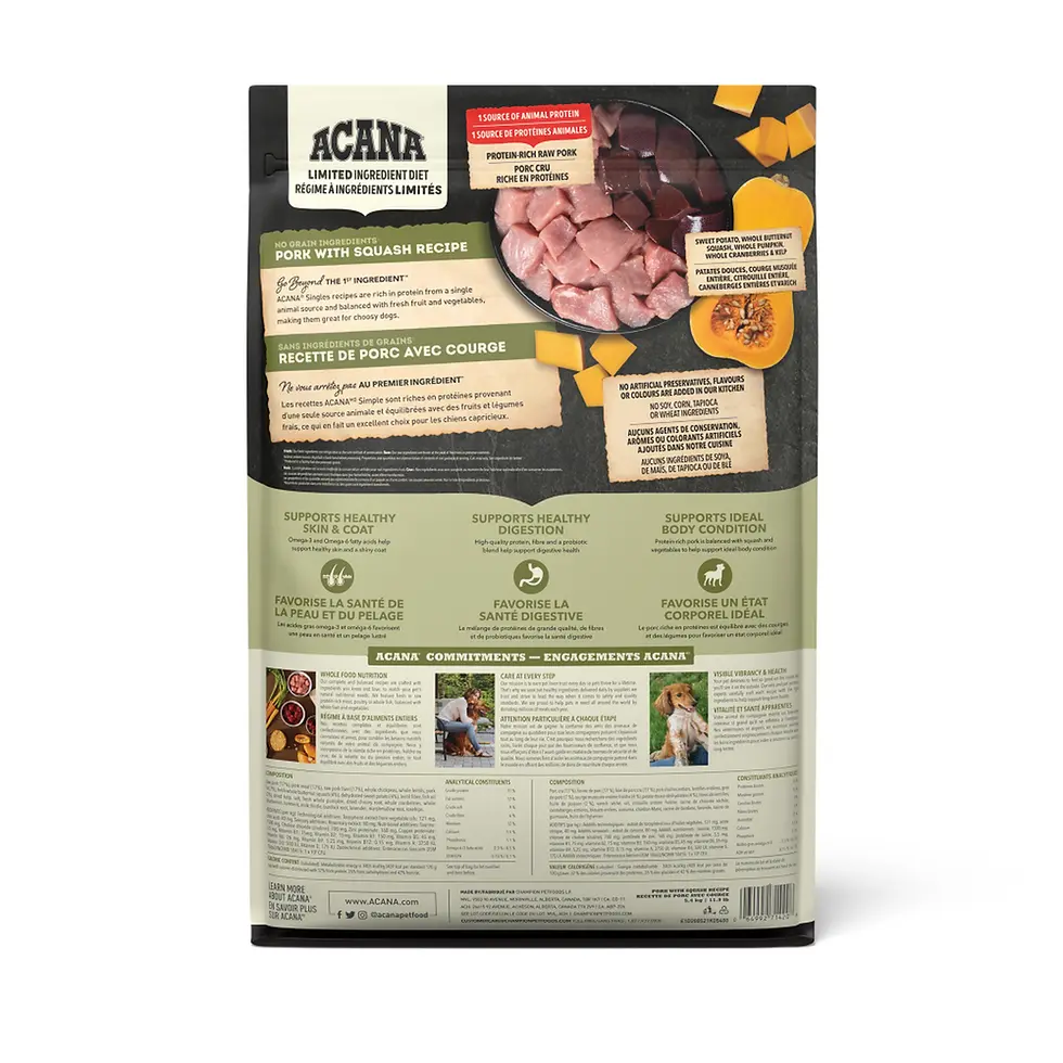Thumbnail: ACANA Pork & Squash Recipe – high-quality pork, vegetables, and fruits for dogs with food sensitivities.