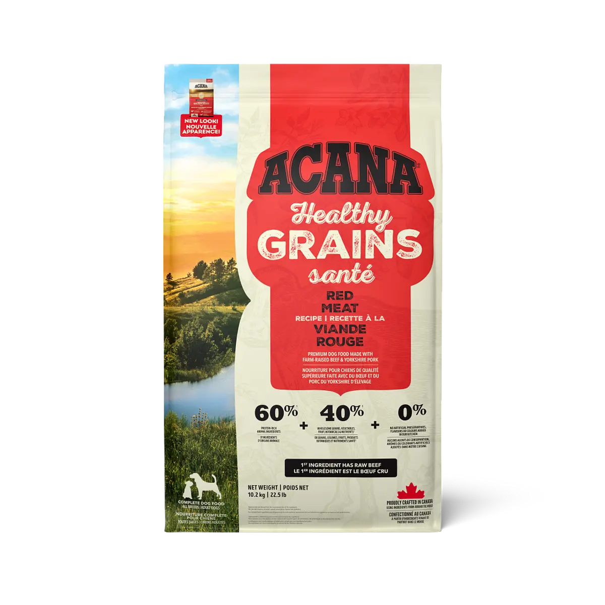 ACANA Healthy Grains Red Meat Recipe with farm-raised beef, savory pork, and fiber-rich grains for optimal digestion