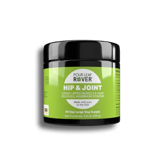 Four Leaf Rover Hip & Joint supplement for dogs in green and white container, supports mobility and joint health.