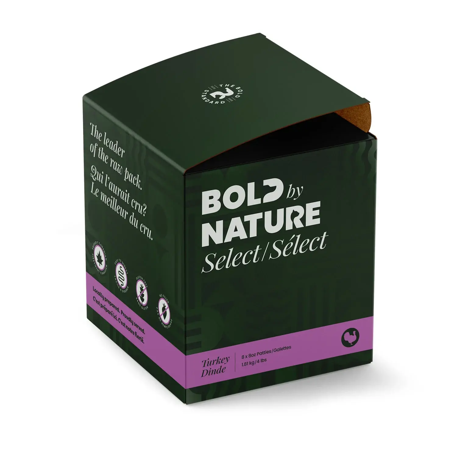 Bold by Nature Select Raw Turkey for Dogs, premium quality raw turkey formula, available at CHOW Bella Pet Health Store.