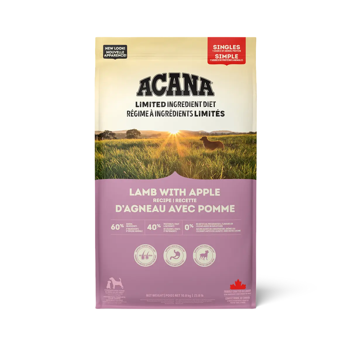 ACANA™ Singles Lamb & Apple Recipe for dogs, featuring 60% lamb and 40% fruits and vegetables like apples