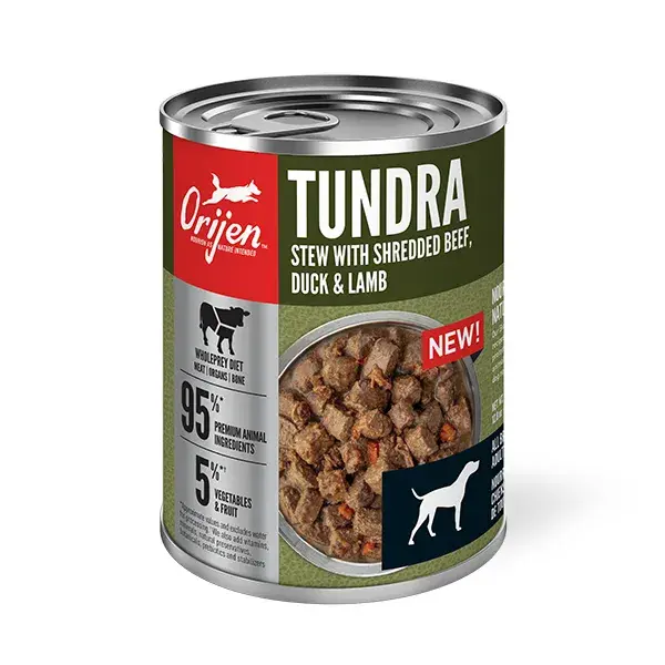 ORIJEN™ Tundra Stew Recipe with goat, wild boar, and venison in a savory broth. Available at CHOW Bella Pet Health Store.