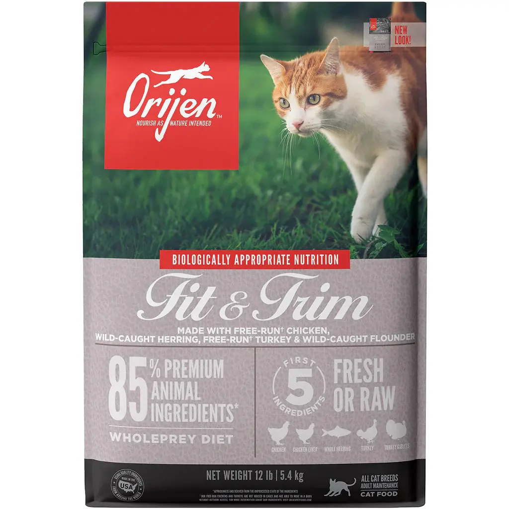 ORIJEN™ Fit & Trim Cat Food with chicken, turkey, and fish to support weight management and healthy fat levels.