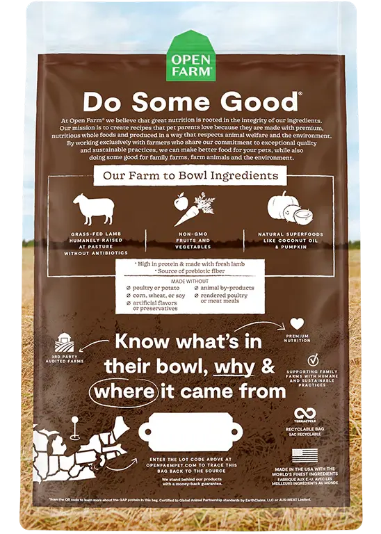 Thumbnail: Open Farm Grain-Free Pasture-Raised Lamb dog food featuring ethically raised lamb and a grain-free recipe