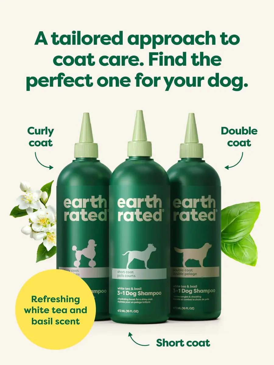Thumbnail: A bottle of Earth Rated 3-in-1 Dog Shampoo, featuring plant-based ingredients and designed to clean, deodorize, and moisturiz