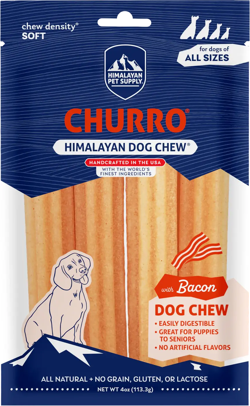 Himalayan Pet Yaky Churro Bacon, a long-lasting, natural bacon-flavored chew for dogs, available at CHOW Bella Pets