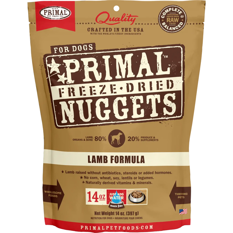 Bag of Primal Pet Food Canine Freeze-Dried Lamb Nuggets, featuring premium lamb ingredients and a grain-free formula.